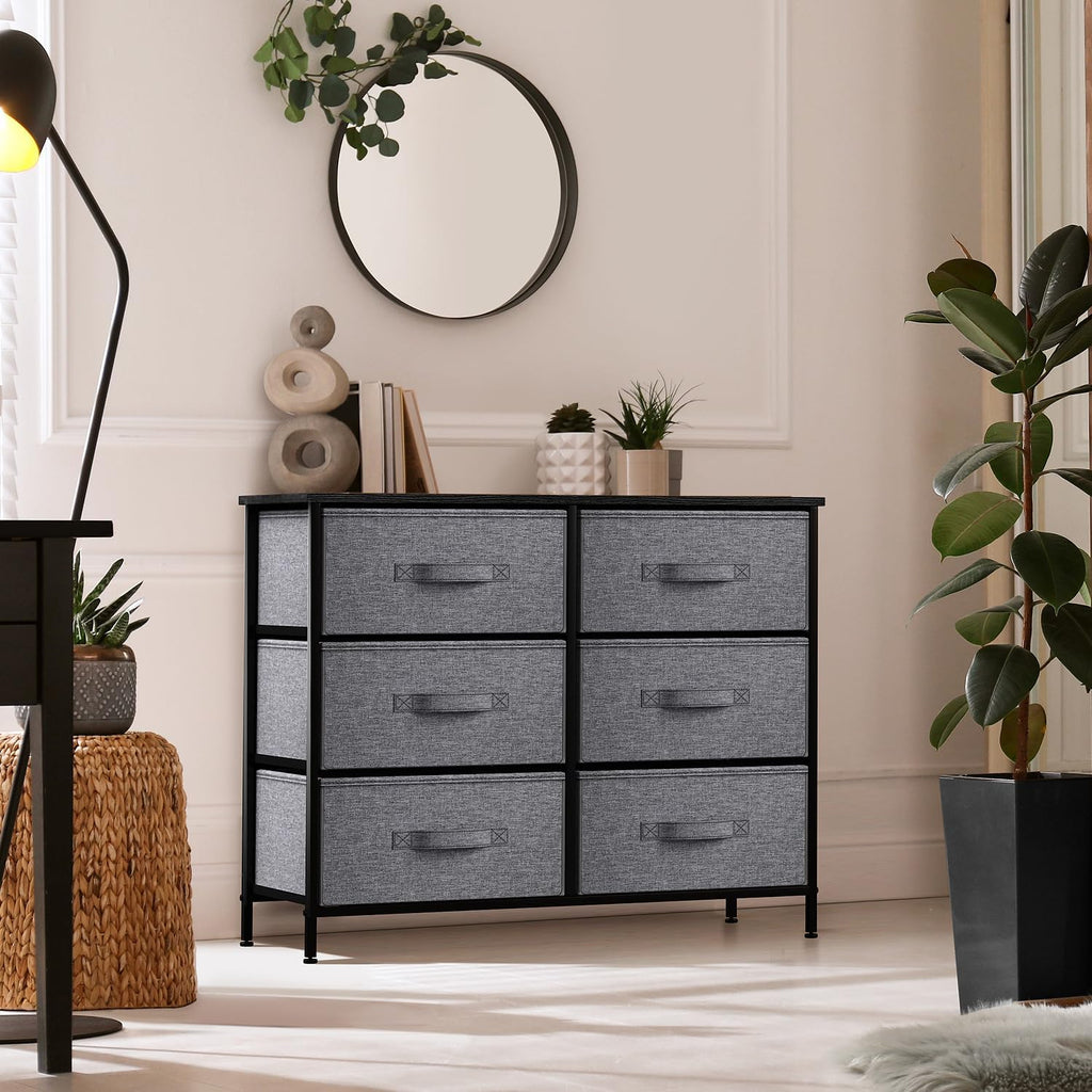 Dresser with 6 Drawers - Chest Organizer Unit with Steel Frame Wood Top & Handle Easy Pull Fabric Bins for Clothes - Storage Furniture for Bedroom, Hallway, Living Room, Nursery & Closet