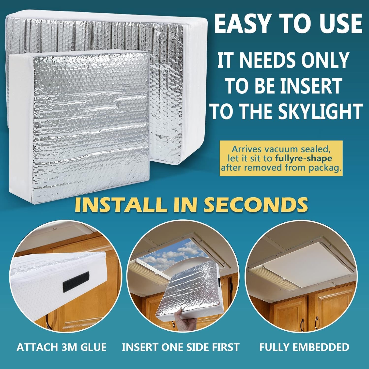 RV Vent Insulator 14″X14″X3″, 2 Piece Universal RV Skylight Cover with Reflective Surface, Skylight Shade Energy Savings Sunroof Fits for 14 Inch X 14 Inch Rv/Camper Vents