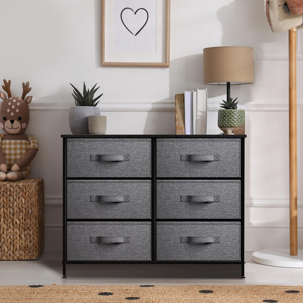 Dresser with 6 Drawers - Chest Organizer Unit with Steel Frame Wood Top & Handle Easy Pull Fabric Bins for Clothes - Storage Furniture for Bedroom, Hallway, Living Room, Nursery & Closet
