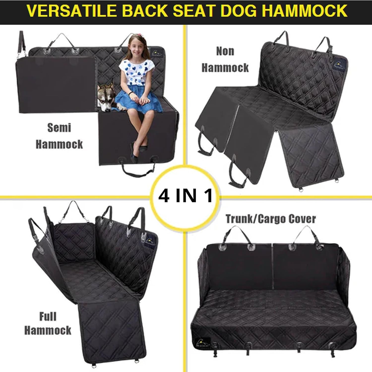 Dog Car Seat Cover with Mesh Window, Heavy Duty Pet Seat Cover for Back Seat, Extra Padded Non-Slip Dog Hammock, Water-Resistant Back Seat Protector for Cars Trucks and Suvs (64" W X 60" L)