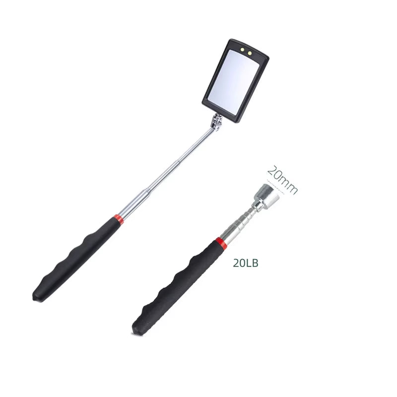 360° Inspection Mirror LED Light Extend Telescopic Inspection Work Mirror with Grip Handle Car Maintenance Repairing Pickuptools